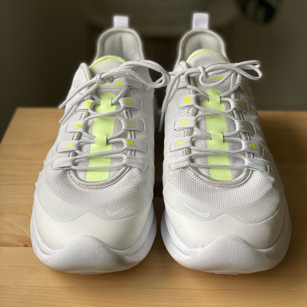 Athletic sneakers, Nike Air Max. White, grey and neon.